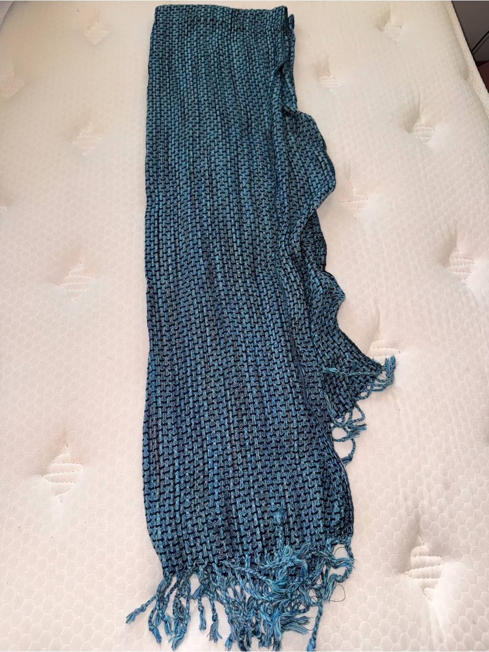 77. Woven Fringe Scarf in Teal and Black - Picture 2 of 3